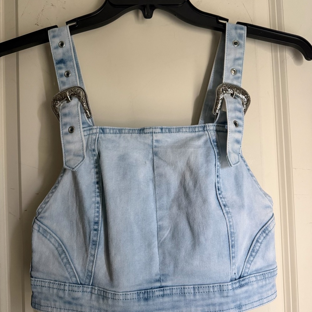 Two 2 fly Light Wash Denim Crop Overall Top with Silver Buckles buttercup s/m - Picture 9 of 9
